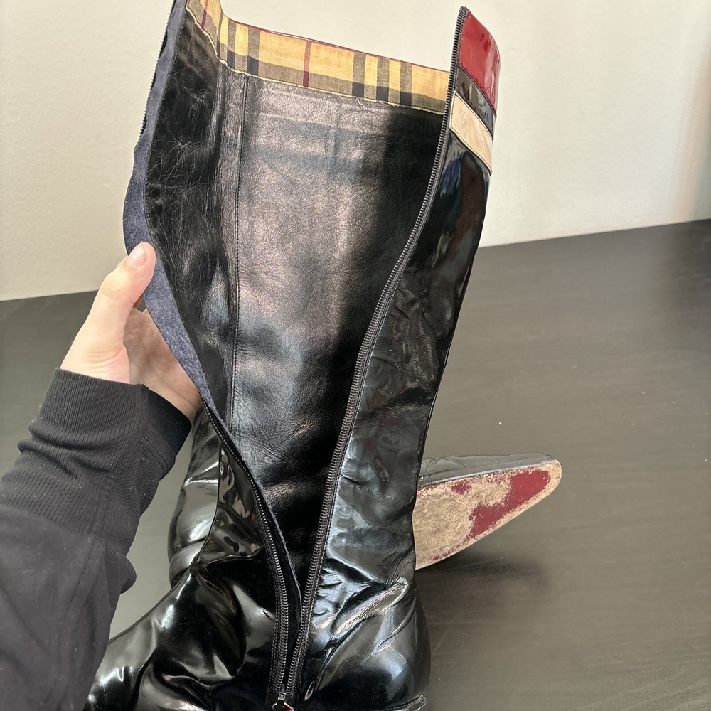 Burberry Red Black Patent Leather Pointed-Toe Knee-High Riding Boots Womens 37.5 - Picture 13 of 16